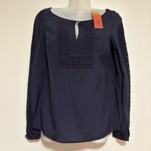 TORY BURCH NAVY SILK CROCHET LONG SLEEVE BLOUSE SIZE 0
